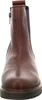 A front view of a brown leather Chelsea boot with blue elastic side panels. Produktbild-Vorschau
