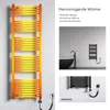 A collage of images showcasing a heated towel rack in different settings and colors, with descriptive text. Produktbild-Vorschau