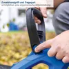 A person's hands are shown adjusting a handle on a blue leaf blower in an outdoor setting with fallen leaves on the ground. Produktbild-Vorschau