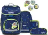 A set of school supplies with a soccer theme, including a backpack, a pencil case, and a flat pencil case, along with decorative soccer-themed stickers. Produktbild-Vorschau