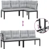 Two configurations of a modular outdoor sofa set are shown against a white background, with an inset detail of the connection mechanism. Náhľad obrázku produktu