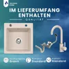A marketing image showing a beige granite kitchen sink with a faucet and plumbing parts, with text overlay indicating what is included. Anteprima dell’immagine prodotto