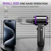 A handheld vacuum cleaner is shown next to a smartphone to illustrate its size. Produktbild-Vorschau