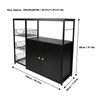 A black kitchen storage unit with wire baskets on the side and cabinets on the other, with dimension labels. Voir les images du produit
