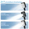 Three panels showing different spray modes of a black handheld shower head against a blue gradient background. Anteprima dell’immagine prodotto