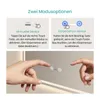 An instructional image showing two different modes for a mirror with touch controls, and a close-up of hands interacting with the touch controls. Podgląd zdjęcia produktu