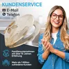 A woman is shown smiling and clapping her hands next to a toilet seat with a decorative pattern. The background shows a bathroom setting. Text overlays provide customer service information and company details. Produktbild-Vorschau
