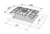 A diagram of a gas hob with dimensions indicated. Podgląd zdjęcia produktu