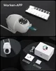 A collage showing a smart security camera, its accessories, and a smartphone displaying an app. Produktbild-Vorschau
