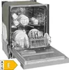 An open dishwasher with dishes inside, and an energy efficiency label. Produktbild-Vorschau