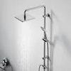 A modern chrome shower system with a square overhead showerhead and a handheld showerhead, mounted on a wall with water flowing from the overhead shower. Produktbild-Vorschau