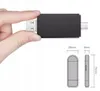 A hand holding a black USB-C/Micro-USB adapter with dimensions shown in a diagram below. Produktbild-Vorschau