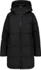 A black puffer coat is shown from the front against a white background.