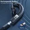 A close-up marketing image of a black Bluetooth earphone, showing its charging port and a digital display. Voir les images du produit