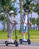 A man and a woman are riding electric scooters on a paved path lined with palm trees. Produktbild-Vorschau