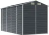 A dark gray metal shed with silver trim, shown from a slight angle. Náhled obrázku produktu