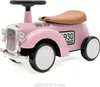 A pink ride-on toy car with a brown seat and black steering wheel, presented on a white background. Produktbild-Vorschau