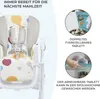 A close-up of a baby high chair with descriptive text and inset images highlighting features. Podgląd zdjęcia produktu