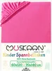 A pink fitted sheet with an elasticated corner, shown flat with branding and product details below. Produktbild-Vorschau