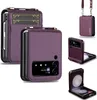 A collage of images showing a purple flip phone case from different angles, including one with a crossbody strap and card slots, and another showing the phone open. Produktbild-Vorschau