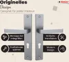 A pair of modern door handles with descriptive text and icons highlighting features. Produktbild-Vorschau