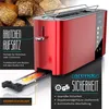 A red Arendo toaster with a focus on its features, including a bread roll attachment and a crumb tray, presented in a collage style with text overlays. Produktbild-Vorschau