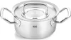 A stainless steel pot with a lid and handles, shown from a slightly elevated front-facing angle on a white background. Náhľad obrázku produktu