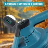 Close-up of a teal leaf blower's speed control dial, with autumn leaves in the background. Produktbild-Vorschau