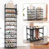 A collage of images showing a black shoe rack with shoes and bags on it, and a diagram showing how to remove a shelf. Produktbild-Vorschau
