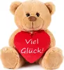 A plush teddy bear holding a red heart with text on it, set against a white background. Produktbild-Vorschau