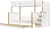 A white and wood bunk bed with a pull-out trundle bed and stairs with drawers. Anteprima dell’immagine prodotto