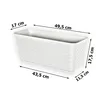 A white rectangular planter with a rattan-like texture, shown with dimensions indicated by arrows and text. Produktbild-Vorschau