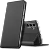 A black flip case for a smartphone is shown with the phone inserted into the case. Náhľad obrázku produktu