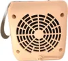 The back of a small, beige fan heater with a circular grill. Voir les images du produit