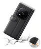 A black leather flip case for a smartphone is shown, with a cracked ground effect at the bottom and a close-up inset of the case's edge. Produktbild-Vorschau