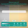 A white linear pendant light is shown with different color temperature and brightness settings. Produktbild-Vorschau