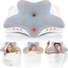 A collage showing an orthopedic pillow with diagrams and three women sleeping on it. Produktbild-Vorschau