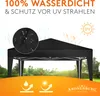 A black pop-up tent is shown outdoors with graphics indicating its waterproof and UV protection features. Produktbild-Vorschau