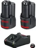 Two Bosch 12V batteries and a charger are displayed against a white background. Voir les images du produit