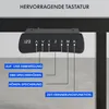 A close-up view of a black control panel for a height-adjustable desk, with labels pointing to different functions. Anteprima dell’immagine prodotto