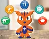 An orange cartoon character with blue stripes stands in front of a blurred background. Around the character are five circular icons representing different categories: sports, tools, clothing, an apple, and an elephant. Voir les images du produit