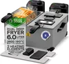 A dual deep fryer with fries being cooked inside, presented with marketing text and graphics.