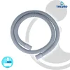 A gray corrugated hose is coiled in the center of the image against a white and light gray background. There are logos and text overlays. Produktbild-Vorschau