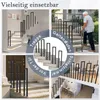 A collage of images showing black metal stair railings in various settings, including indoors, outdoors, and on garden steps, with text overlays indicating versatility. Náhled obrázku produktu
