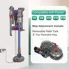 A Dyson vacuum cleaner with a mop attachment mounted on a wall, next to a graphic listing compatible Dyson models and mop attachment details. Produktbild-Vorschau