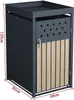 A grey and wood-colored trash bin enclosure with dimensions indicated. Produktbild-Vorschau
