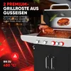 A close-up of a gas grill with steaks cooking on it, accompanied by marketing text about its features. Produktbild-Vorschau