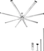 A large ceiling fan with eight blades is shown against a white background. Accessories like a remote control and mounting poles are also visible. Produktbild-Vorschau