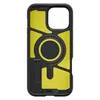 The back of a black phone case with a yellow interior and a built-in kickstand. Produktbild-Vorschau