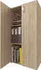 An open cabinet with shelves displaying binders, books, and a decorative object. Voir les images du produit